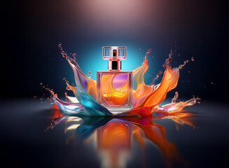 Poster - A vibrant perfume bottle sits amidst a colorful liquid splash, illuminated by a dramatic light.  The reflection adds depth to the scene, showcasing the bottle's elegant design.