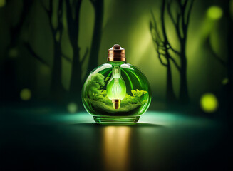 Poster - Enchanted green glass perfume bottle glows mysteriously within a dark, silhouetted forest, illuminated from within, resembling a magical orb.  Fireflies twinkle around it.