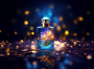 Poster - A mystical blue perfume bottle glows, filled with luminous flowers, reflecting on a dark, shimmering surface.  Enchanted, magical, and luxurious.