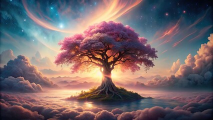 Wall Mural - serene sunrise a majestic blooming tree on a cloud island, bathed in golden light and starry skies
