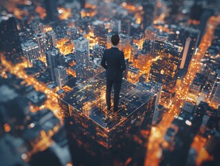 Poster - Executive overlooking bustling nighttime city with neon lights and data visualization on glowing platform