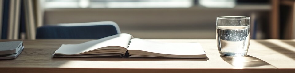 Poster - serene workspace with open notebook and glass of water under soft natural light