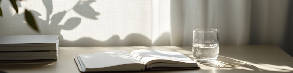 Poster - serene workspace with open notebook and glass of water under soft natural light