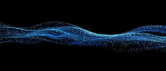 Poster - Blue Abstract Waves with Glowing Particles on Black Background