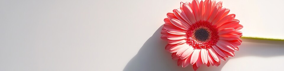 Poster - single vibrant pink gerbera daisy lying flat on clean white background under diffused natural light