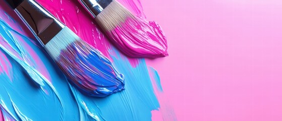 Poster - Vibrant Paint Brushes Mixing Blue and Pink Paint on Colorful Background