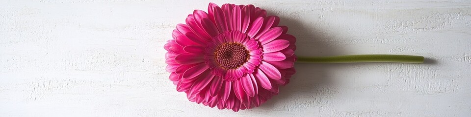 Poster - single vibrant pink gerbera daisy lying flat on clean white background under diffused natural light