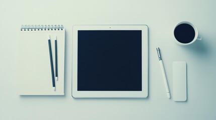 Poster - clean flat lay of productivity tools including tablet and stylus arranged neatly on matte white surface under soft