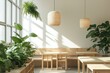 © Сергей Захаров - peaceful coworking space with indoor plants and natural wood furnishings under diffused sunlight