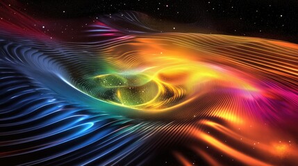Poster - A conceptual visualization of magnetic energy vibrating in harmony with gravitational waves, radiating colorful energy fields.