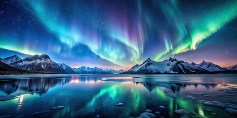 Canvas Print - Serene Northern Lights Reflecting on a Frozen Lake, Surrounded by Majestic Snow-Capped Mountains Under a Starry Sky