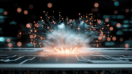Poster - dynamic explosion of data with glowing circuits and abstract patterns