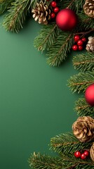 Poster - A green background with pine branches and red ornaments