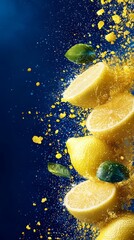 Poster - A bunch of lemons falling into the air with a splash of water