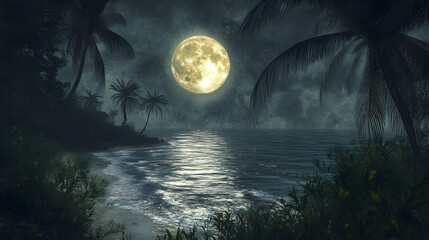 tropical beach night scene with full moon