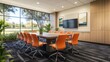 © Alfath - Modern conference room with large windows, orange chairs, and a long table.