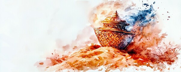Poster - Intricately Designed Pot Resting on Sand with Vibrant Color Splash in Watercolor Style Capturing Artistic Essence and Timeless Elegance of Craftsmanship