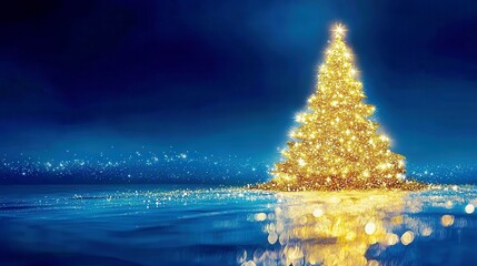 Poster - Sparkling Christmas Tree Illuminated with Golden Lights Reflects Tranquil Waters in a Magical Blue Night Setting for Holiday Celebrations and Festive Inspiration