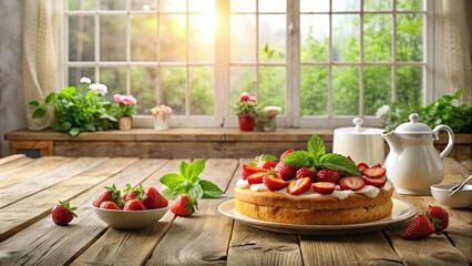 Wall Mural - A delicious strawberry cake sits on a rustic wooden table, bathed in sunlight streaming through a window, accompanied by fresh strawberries and mint