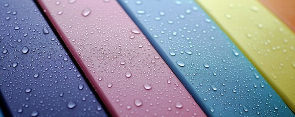 Poster - Colorful Surfaces with Water Droplets Captured in a Close-Up View, Showcasing the Beauty of Water and Color Contrast on Various Material Finishes