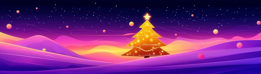 Poster - Vibrant Christmas Tree Glowing in a Colorful Winter Landscape under a Starry Sky with Bright Ornaments and Soft Hills in the Background