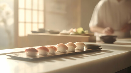 Wall Mural - A delectable array of sushi, showcasing the artistry of Japanese cuisine.  Fresh seafood and expert preparation create a culinary masterpiece.