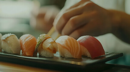 Wall Mural - A delectable platter of assorted sushi, showcasing the artistry of Japanese cuisine. Fresh seafood and vibrant colors create a feast for the eyes.