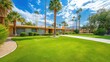 © At My Hat - Luxury mid-century modern home, lush lawn, palm trees. Perfect for real estate, travel, or lifestyle websites.