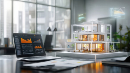 Poster - modern model of house with data analysis on laptop nearby