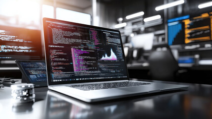 Poster - sleek laptop displaying vibrant code on modern workspace desk
