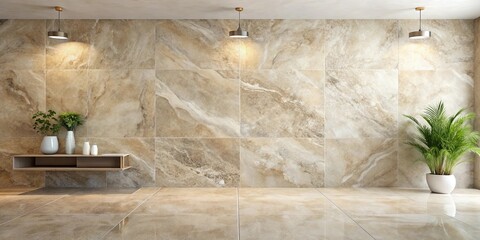 Wall Mural - Modern Minimalist Interior with Beige Stone Wall and Floating Shelf