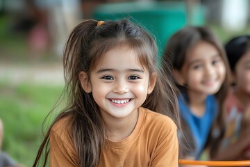 A joyful girl with long hair smiles brightly at the camera, surrounded by friends in a vibrant outdoor setting, capturing childhood innocence and happiness.