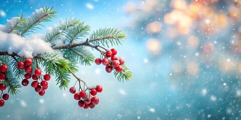 Canvas Print - Winter Wonderland Snow-Covered Evergreen Branch with Clusters of Vibrant Red Berries