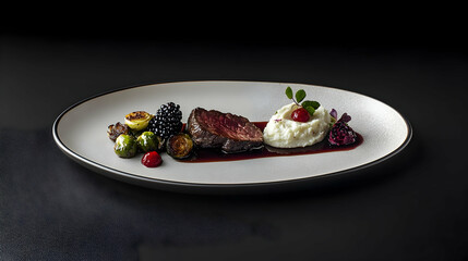 Wall Mural - Close-up of Exquisite Gourmet Dish: Seared Meat, Mashed Potatoes, and Seasonal Vegetables