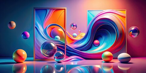 Wall Mural - Abstract Colorful Swirling Waves with Floating Spheres in Framed Display