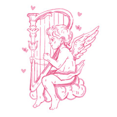 Wall Mural - Valentine cupid hand drawn illustration, cherub watercolor doodle, cute vector pink baby angel cloud. Romantic child cartoon character heaven boy with wings tattoo print, harp. Valentine cupid clipart