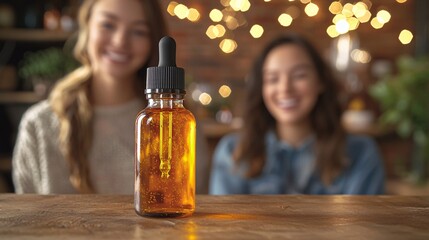 Poster - A close-up of a young couple holding a dropper bottle of CBD oil with a relaxed atmosphere Stock Photo with side copy space