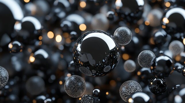 Abstract 3D Rendering: Dark Chrome Spheres and Glowing Lights