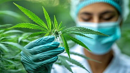 Aufkleber - A researcher wearing gloves holding a cannabis leaf and a test tube with clear fluid in a brightly lit lab Stock Photo with side copy space