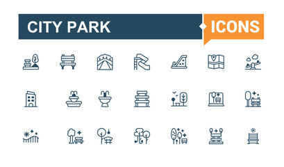 Wall Mural - Set of City Park line icons. Contains related to style, wc, building, transport, element, bench, landscape, house. Thin linear style icons. Outline and solid pictogram.