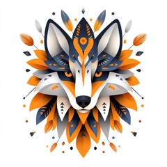 Poster - Abstract geometric fox illustration with vibrant orange and gray hues, featuring intricate patterns and symmetrical design on a white background.