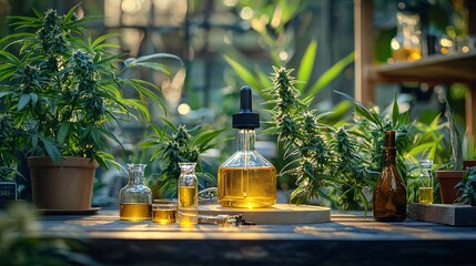 Poster - A scientific workspace showing tools used for cannabis extraction next to a labeled diagram Stock Photo with side copy space