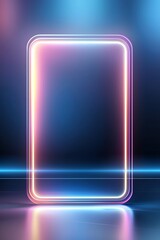 Poster - Futuristic glowing neon frame in blue and pink hues on a reflective surface. Perfect for showcasing digital content, tech concepts, or modern designs in various applications.