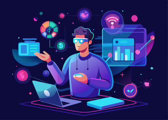 Wall Mural - A person brainstorming with glowing holographic icons and digital screens, visualizing tech solutions