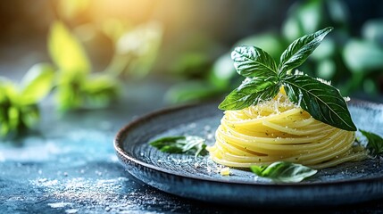 Aufkleber - A beautifully styled cannabis-infused pasta dish with fresh basil and a cannabis leaf garnish served on a ceramic plate Stock Photo with side copy space