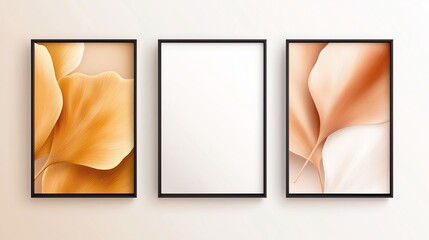 Poster - Three modern framed abstract art prints in soft warm tones on a light wall, offering a stylish home decor concept.