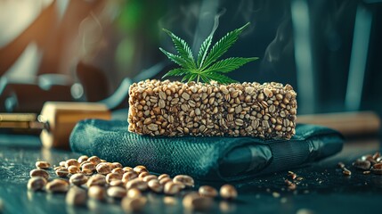 Aufkleber - A stylish cannabis-themed energy bar in modern packaging placed on a gym bag with fitness gear in the background Stock Photo with side copy space
