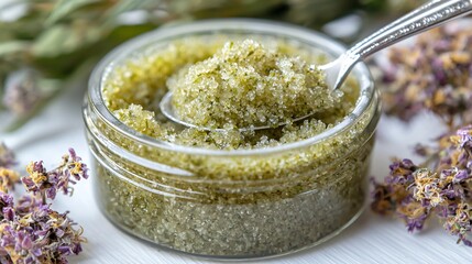 Poster - A glass container of cannabis-infused sugar scrub surrounded by delicate dried flowers on a white background Stock Photo with side copy space