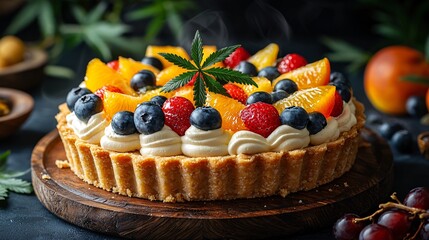 Poster - A plated cannabis-infused dessert tart topped with fresh fruits and a subtle cannabis leaf design for decoration Stock Photo with side copy space