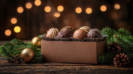 Poster - A gourmet cannabis-infused truffle displayed in a gift box with elegant greenery and golden accents Stock Photo with side copy space